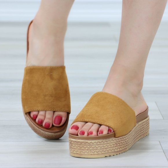 Faux Suede Tan Comfort Platform Sandal Slip On Sliders - Picture 6 of 14